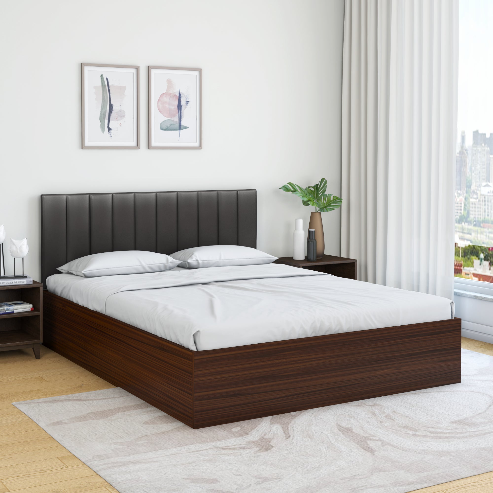 Buy Fusion Upholstered Wall Mounted Headboard Engineered Wood Queen Bed  With Box Storage (Grey & Walnut)Online- @Home by Nilkamal | Nilkamal  At-home @home