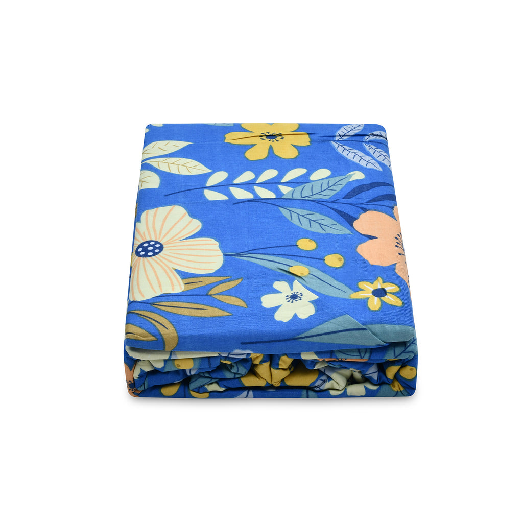 Aurora Botanic Floral Polyester Fitted Double Bedsheet (Blue)