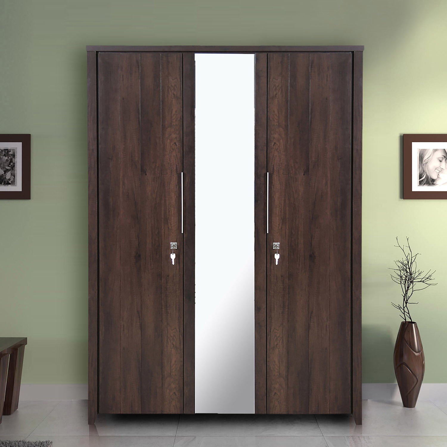 Zerlin 3 Door Wardrobe With Mirror Dark Walnut