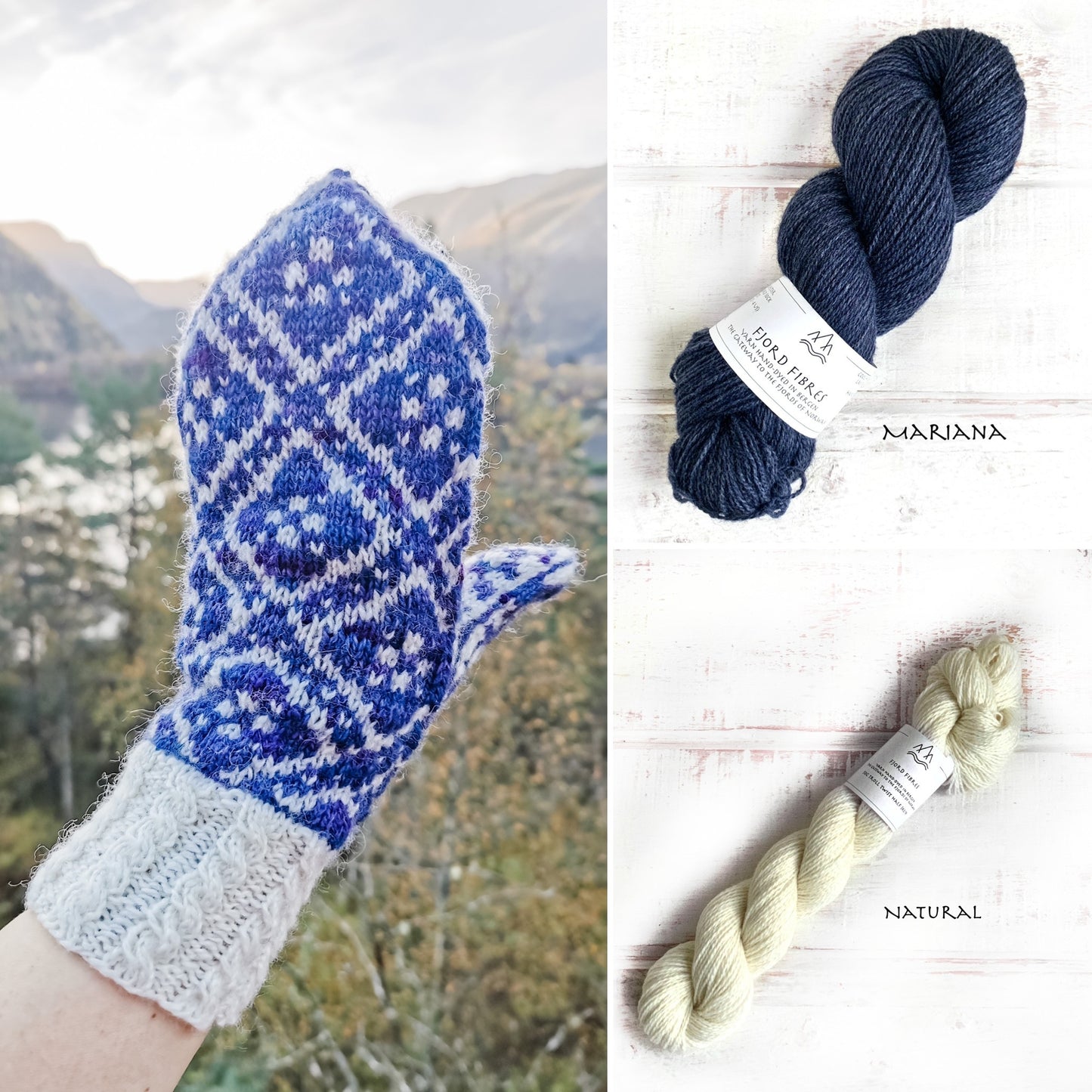 Fleur Élise Mittens Kit - Mariana/Natural - 2 x 50g yarn and Printed Pattern in English/Norwegian