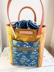 Canvas Drawstring Project Bag - Ochre  - Drangonfly on flowers