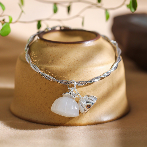 White Jade Lotus Silver Bangle - A Symbol of Purity and Serenity