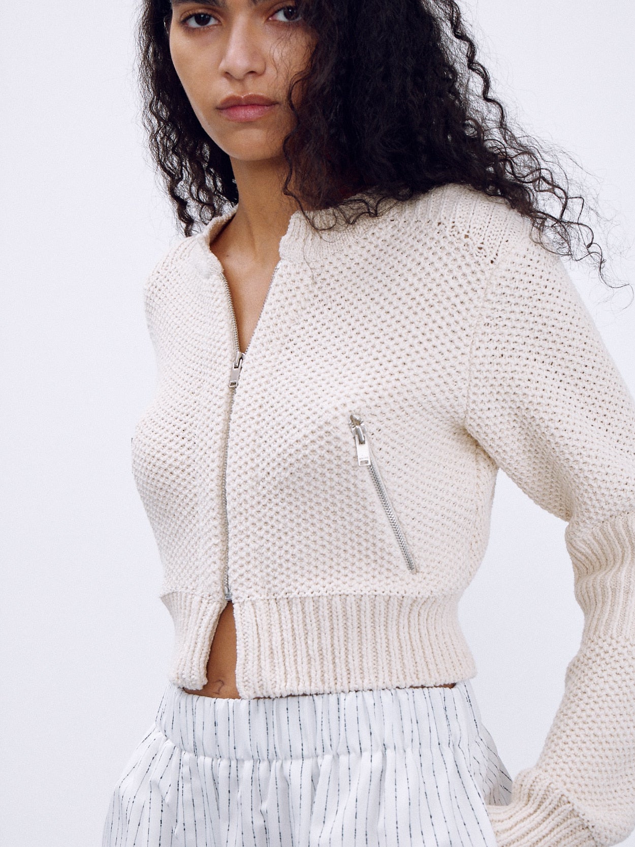 Shop Recto Women Chunky Texture Zipper Details Cardigan In Cream