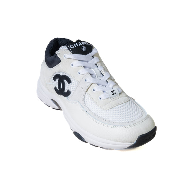 CHANEL Mesh Suede Fabric Womens CC Sneakers 36.5 White Black