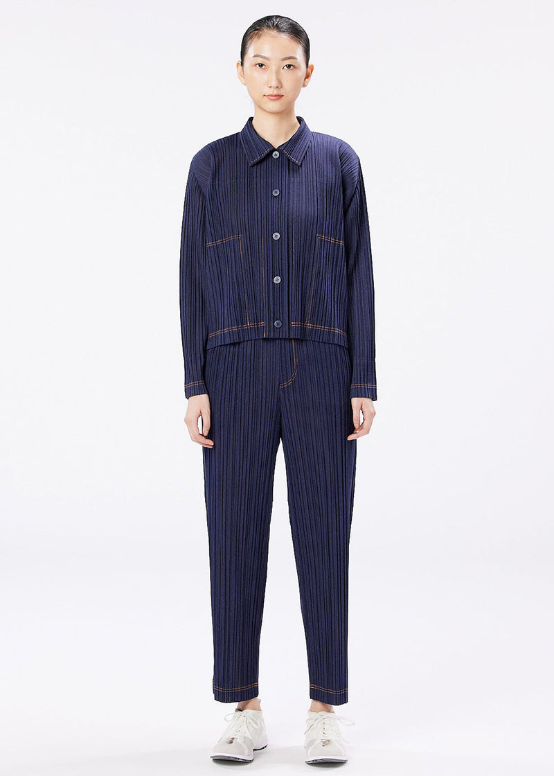 Pleats Please Issey Miyake Indigo Blue Ramie Denim Jacket - NOBLEMARS