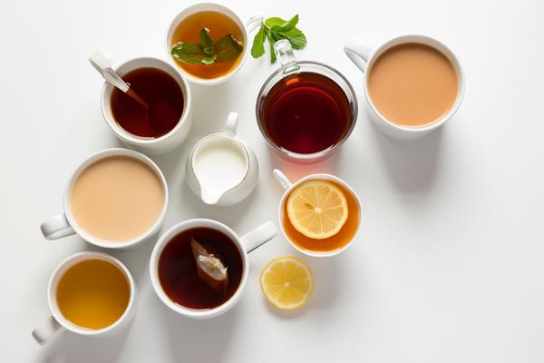 different types of drinks tea coffee milk top view