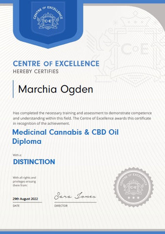 Marchia's Medicinal Cannabis & CBD Certificate awarded by the Centre of Excellence