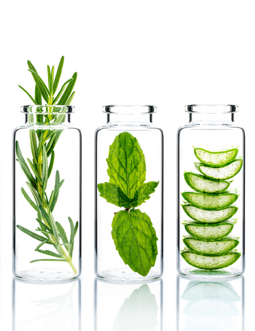 Natural Ingredients in Glass on White Background
