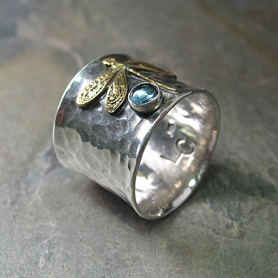 Wide Band Sterling Silver Dragonfly Ring with choice of stone - Dragon ...