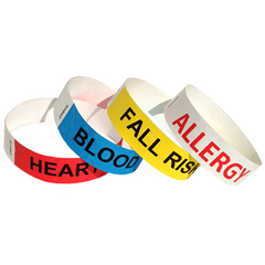 variety of medical id wristbands for heart, blood, fall risk, and allergy