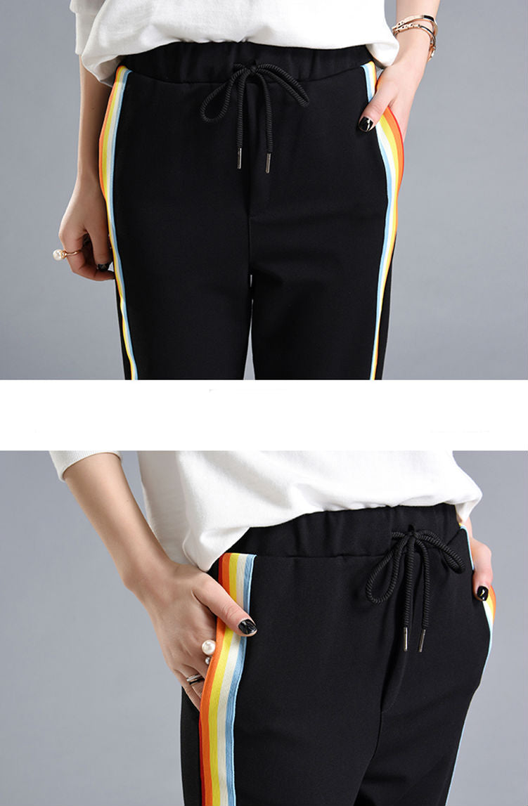 black joggers with rainbow stripe