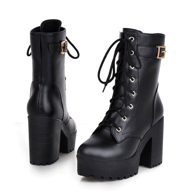 Block Heel Lace Up Boots In Black 3140