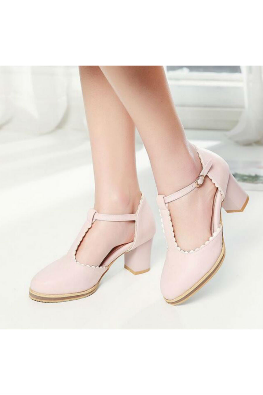Pink T-strap Lacy Heels