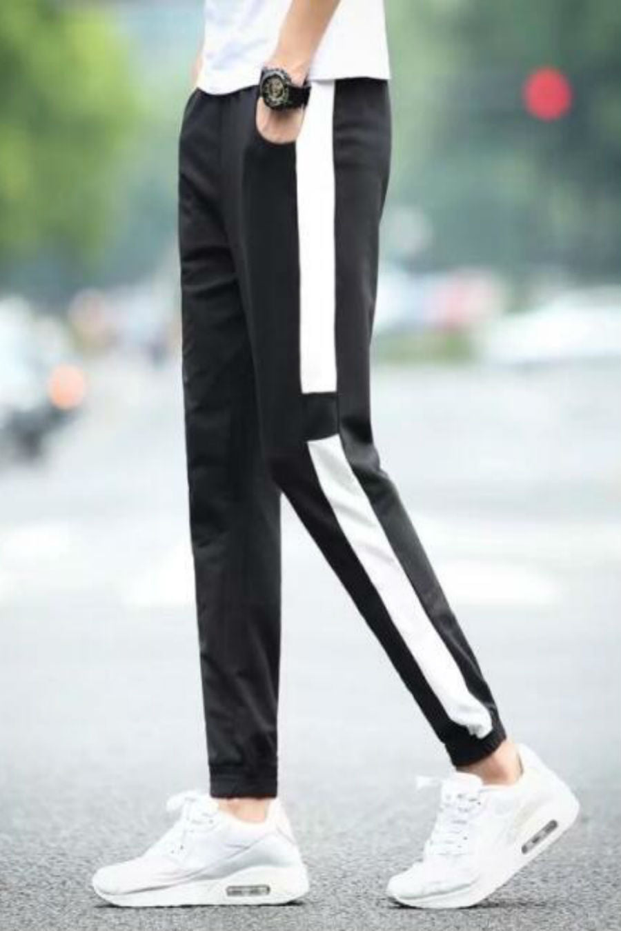 black pants with white strips