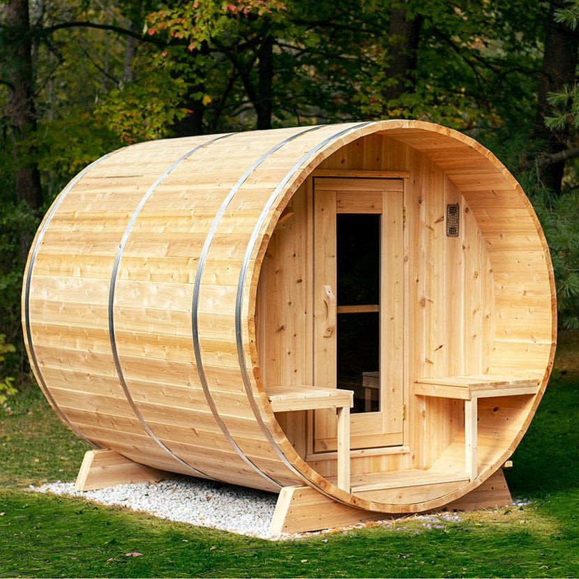 Dundalk Outdoor Barrel Sauna, White Cedar - Divine Saunas