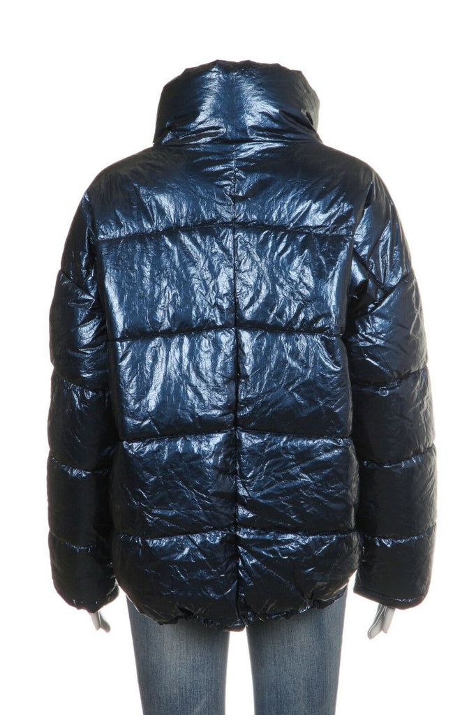 metallic blue puffer jacket