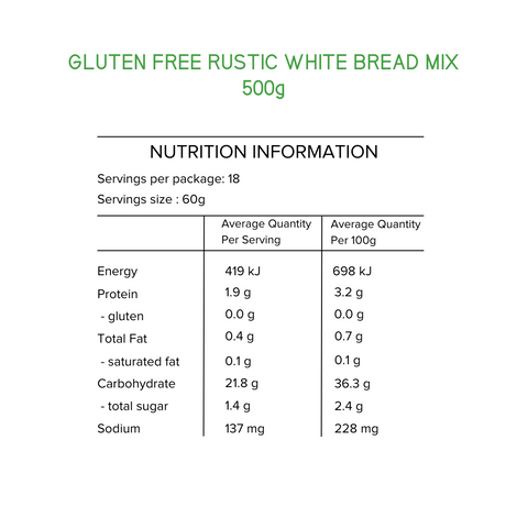 Gluten Free Rustic White Bread Mix Nutritional Information