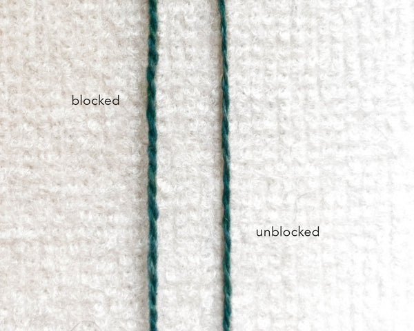 Two strands of woolen-spun yarn compared side by side, before and after blocking