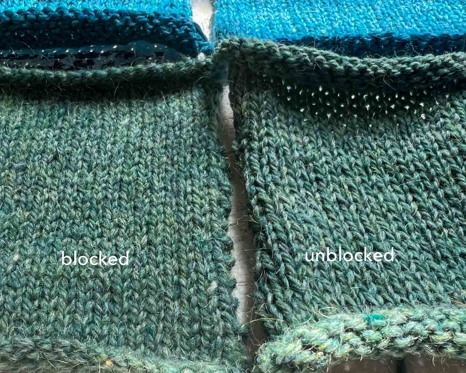 Side by side comparison of knitted swatches in stockinette stitch, blocked and unblocked