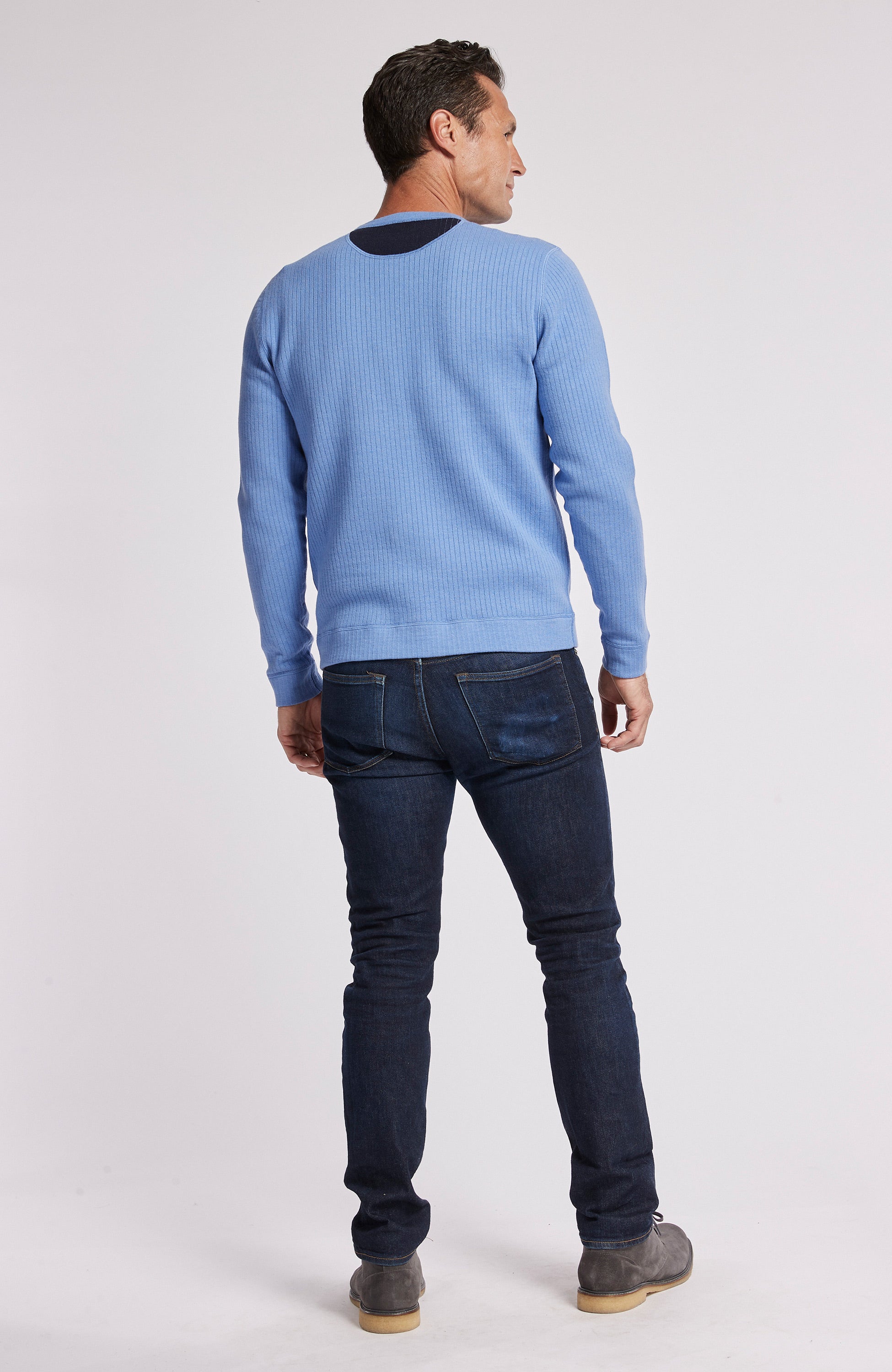 RIBBED DOUBLE FACED CREW NECK SWEATER - AZURE