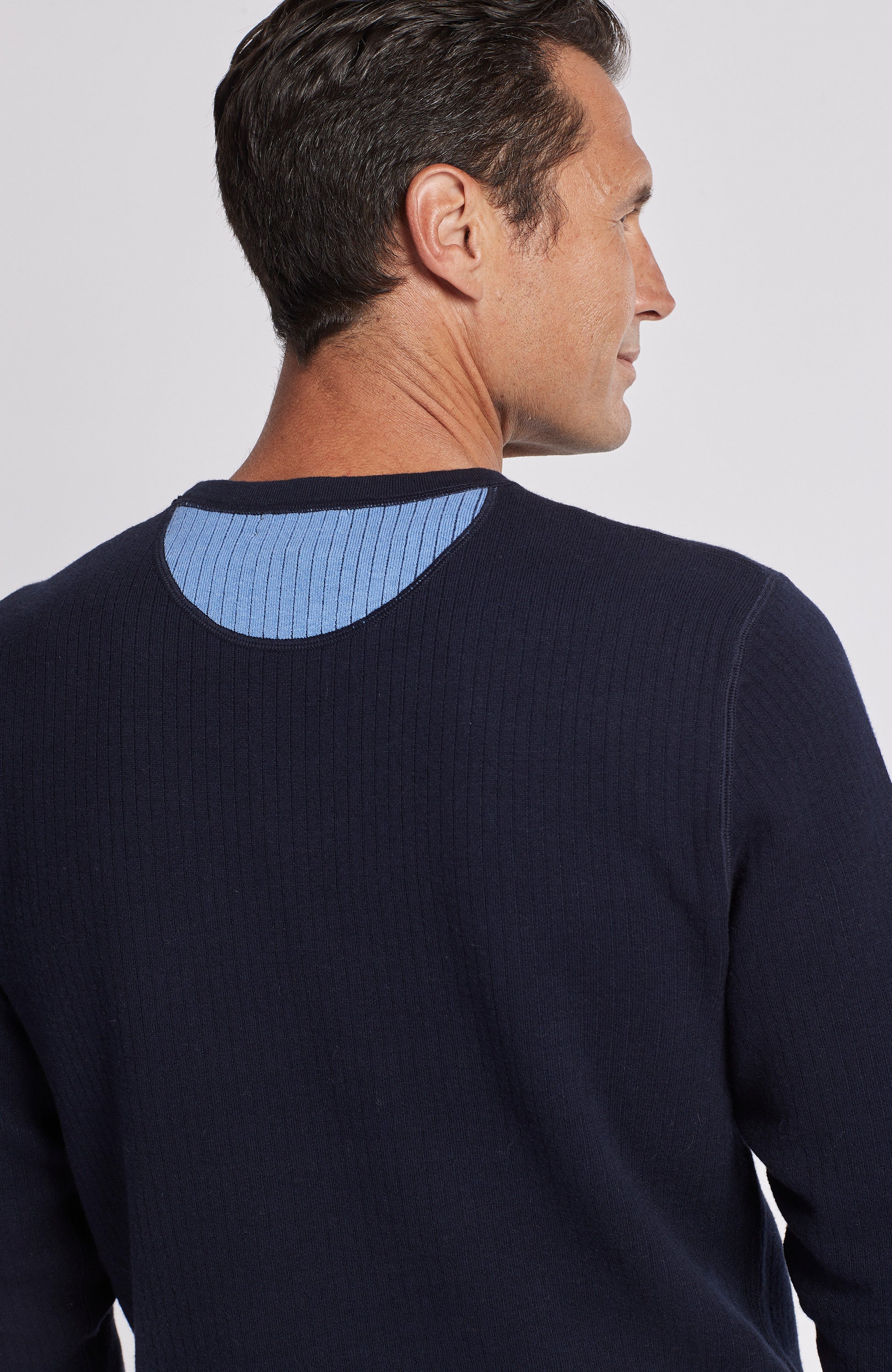 RIBBED DOUBLE FACED CREW NECK SWEATER - NAVY