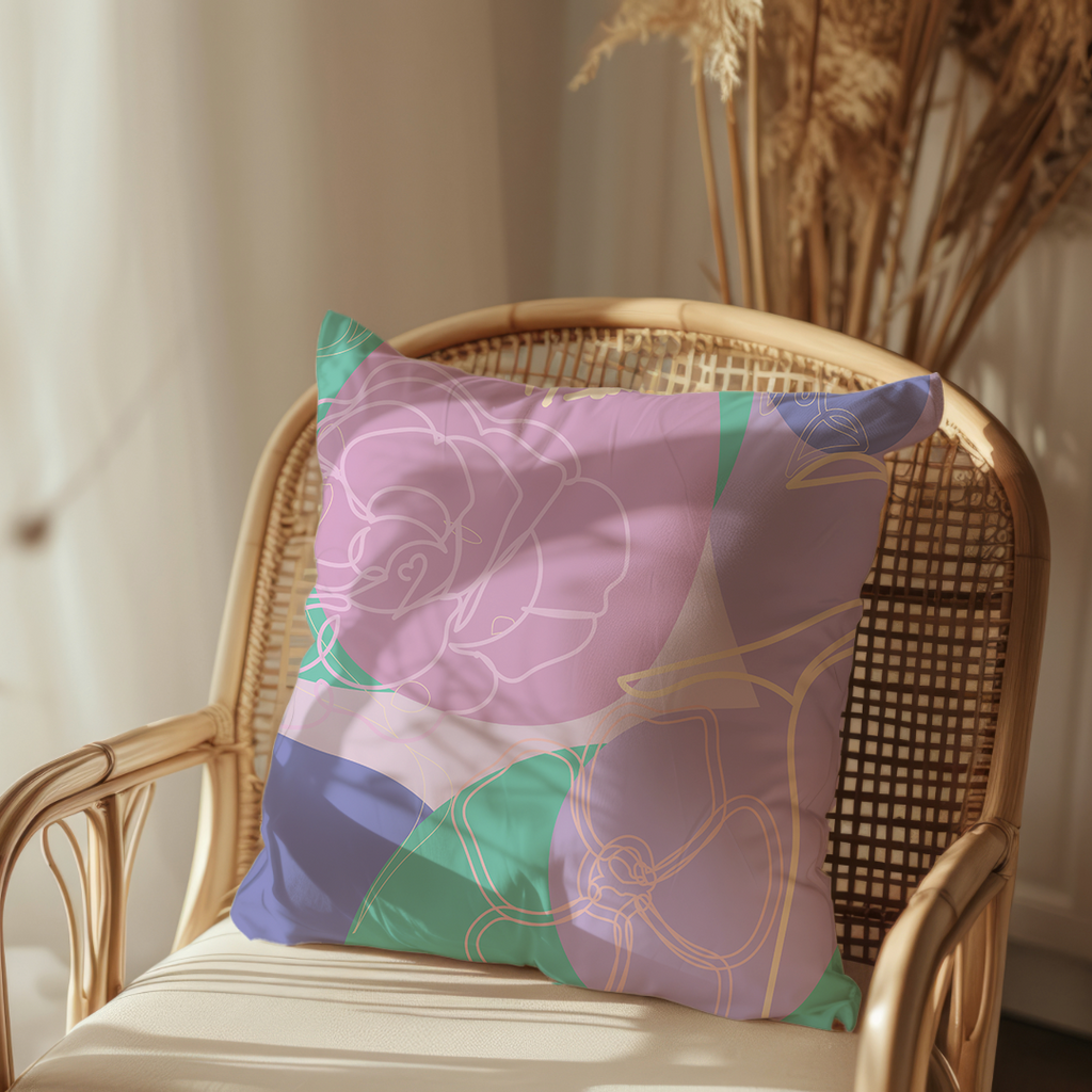 a lilac coloured cushion with a outline female design on a rattan chair next to a window