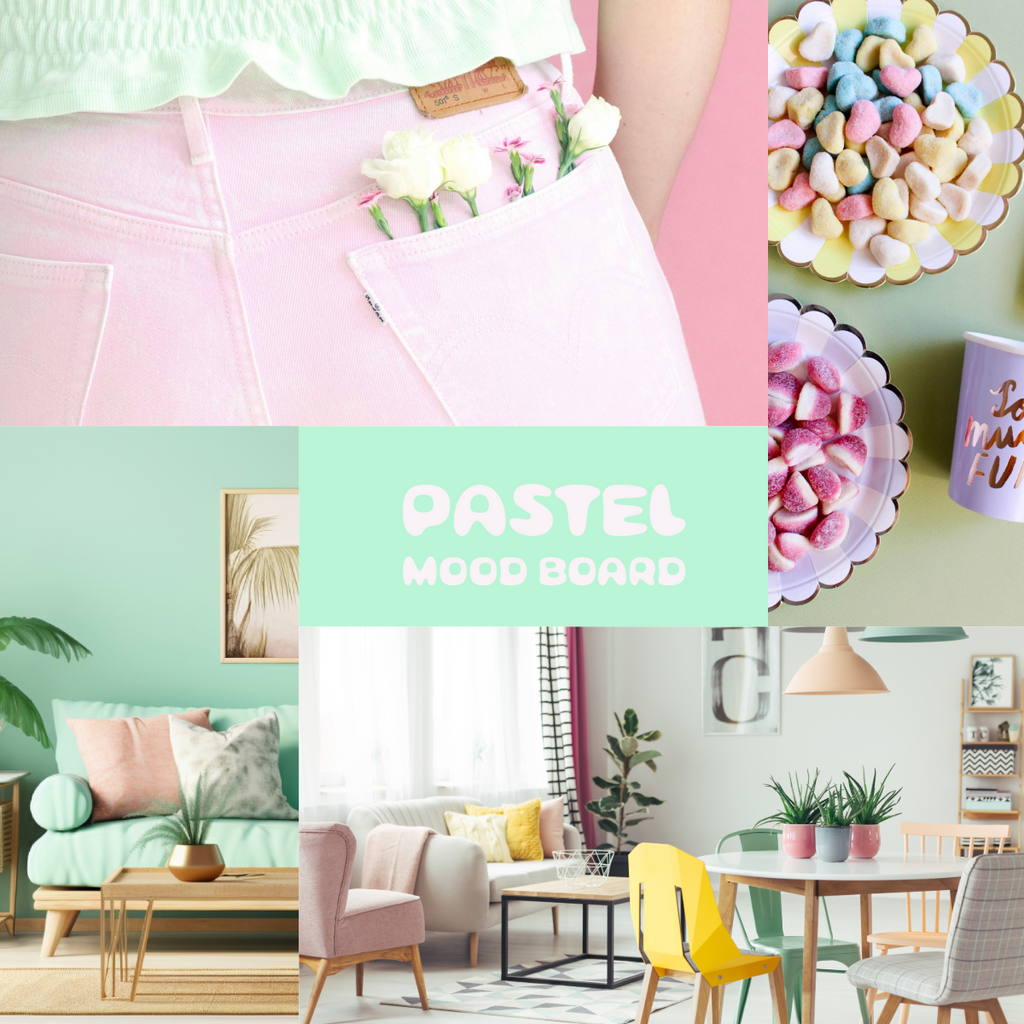 a selection of images with pastel coloured images in them to portray a pastel coloured mood board