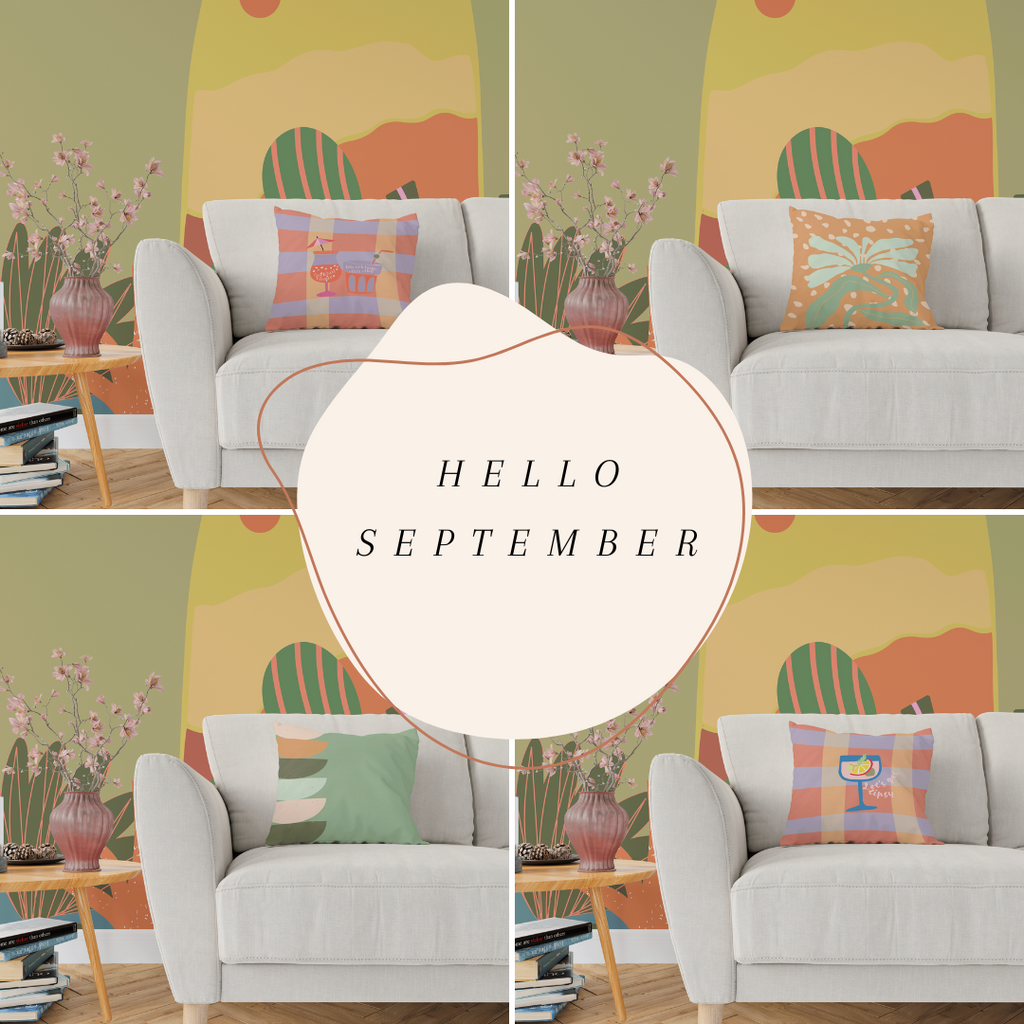 four pictures with four different designs of cushion covers for autumn