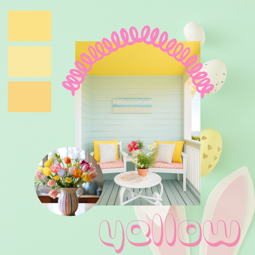 two images one is of a outside patio area with two deck chairs with yellow pastel cushions and the second is a bouquet of yellow tulips on a kitchen counter