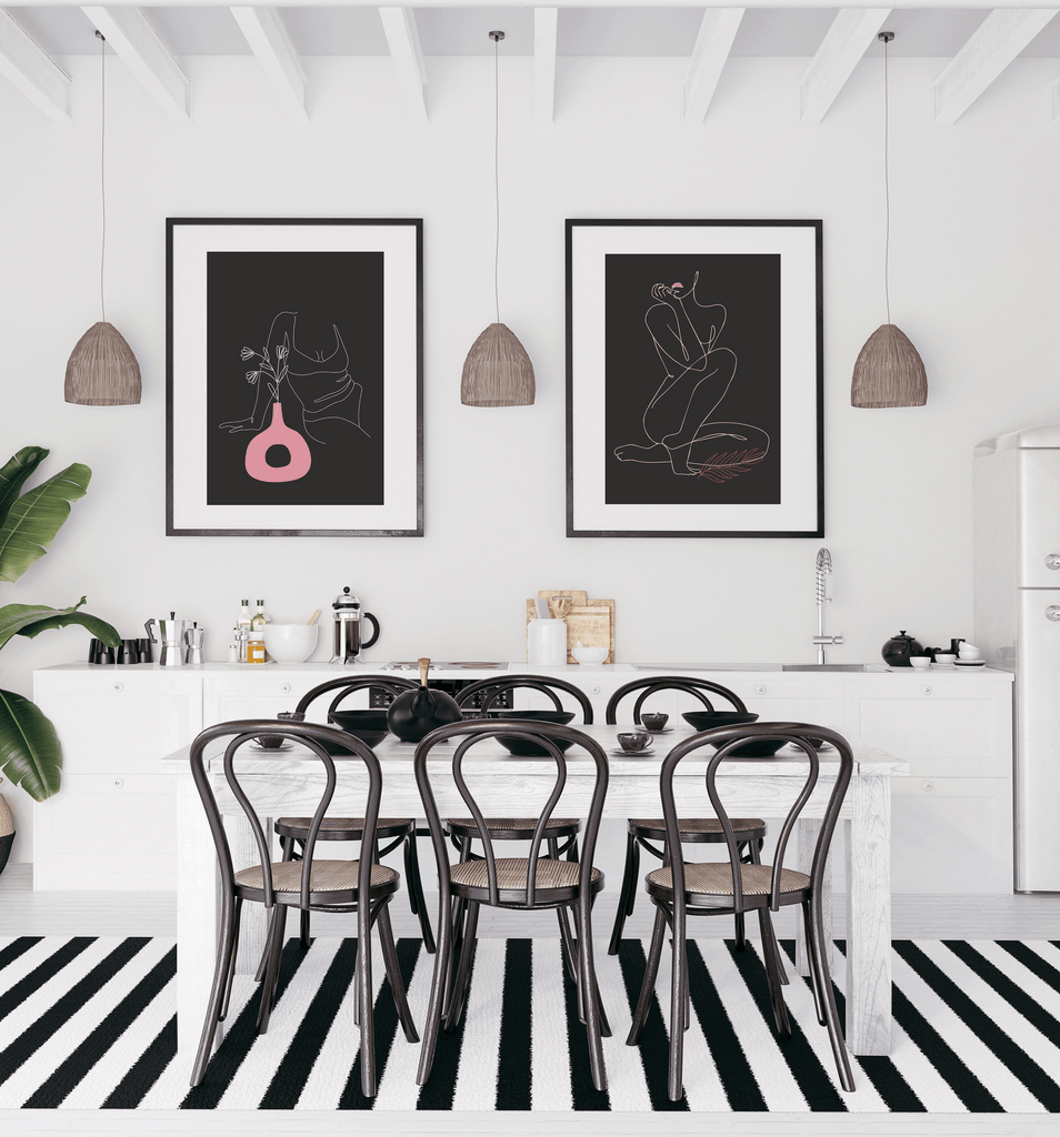 wall prints for the dining room in a black and white setting