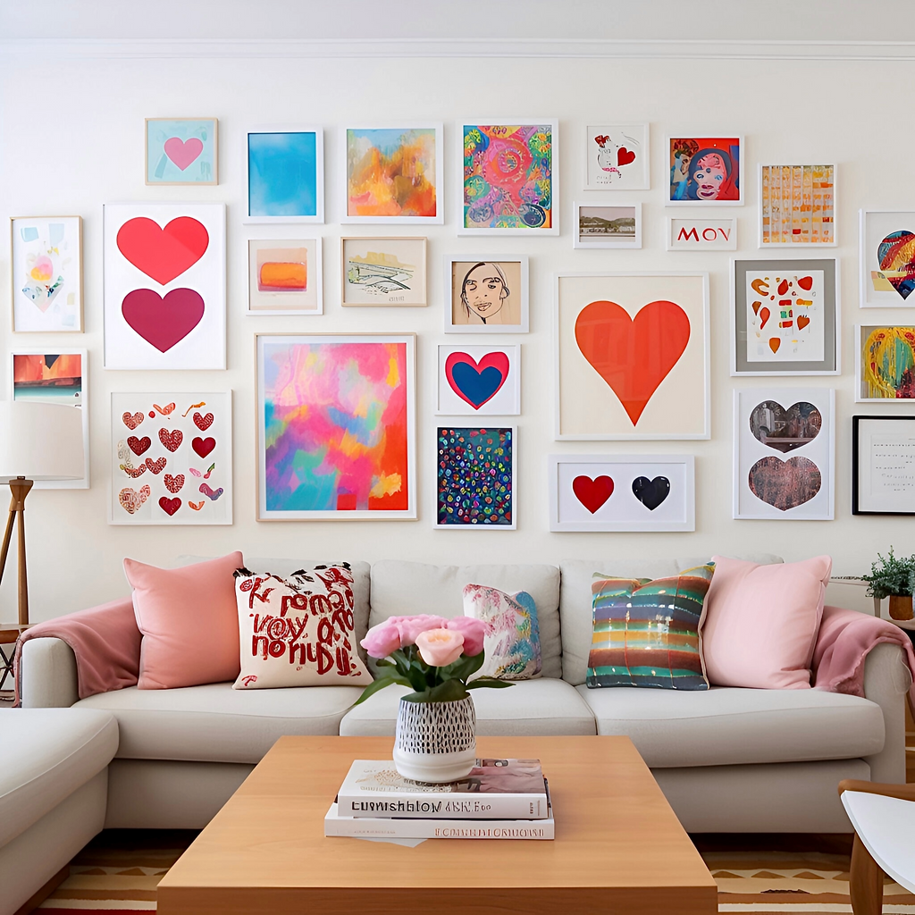 a variety of vibrant coloured wall art prints hanging on a accent wall in a living room above a sofa