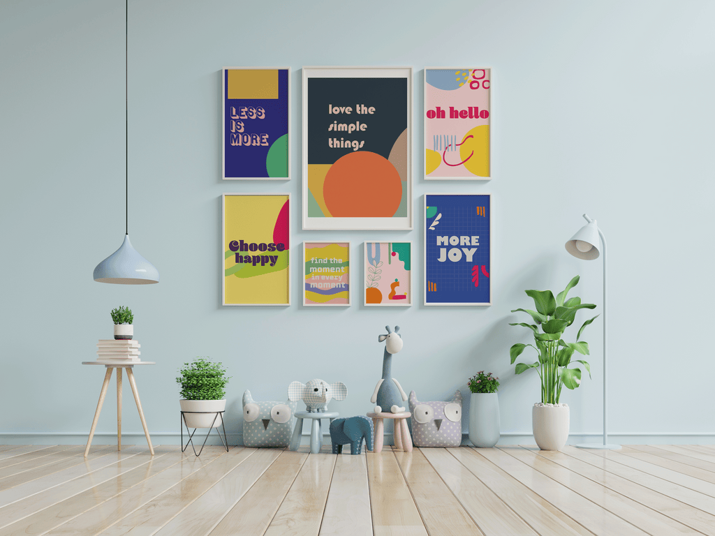 Grid style gallery wall with colourful wall prints