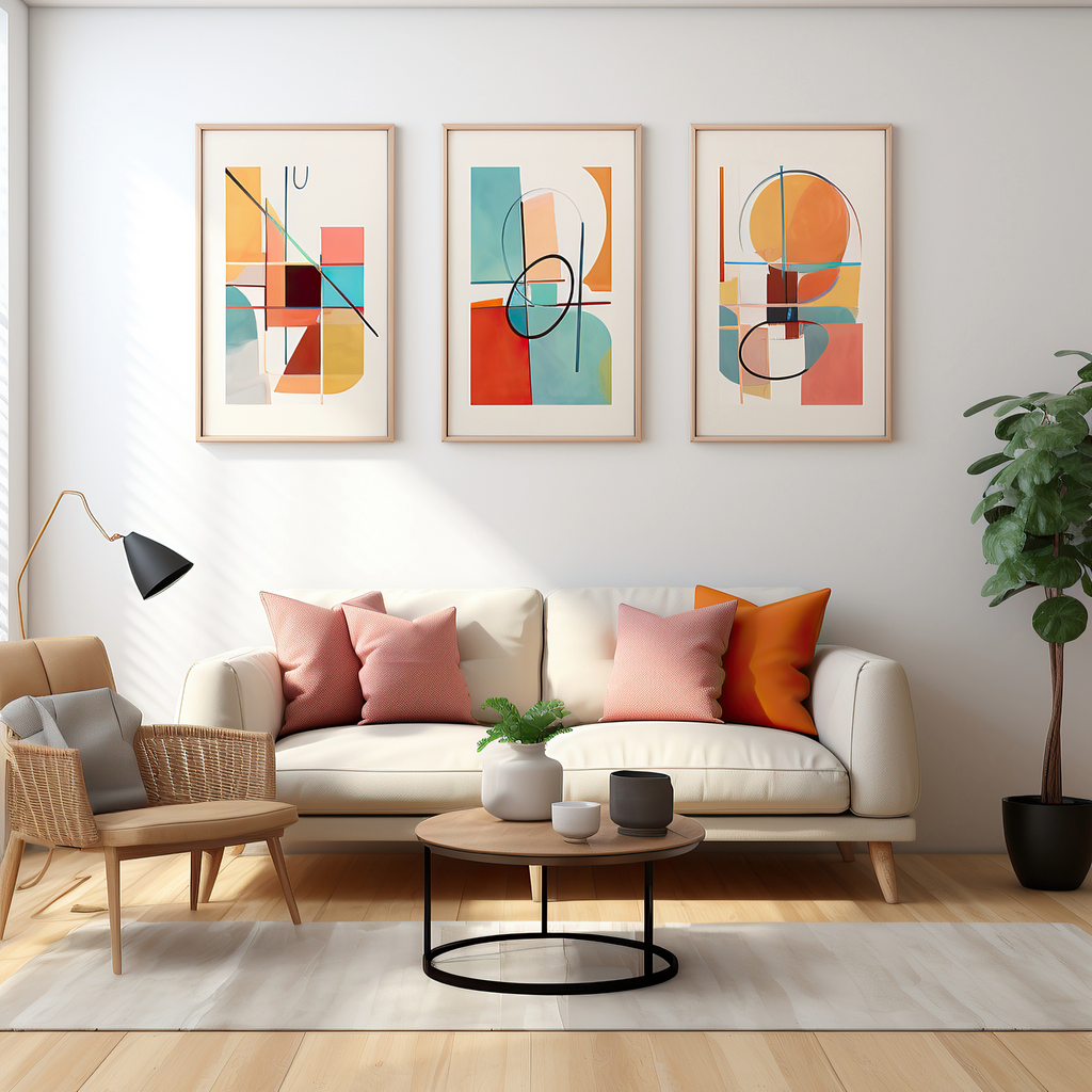 modern expressive abstract design framed wall art prints hanging above a grey coloured sofa with pink coloured scatter cushion in a modern living room
