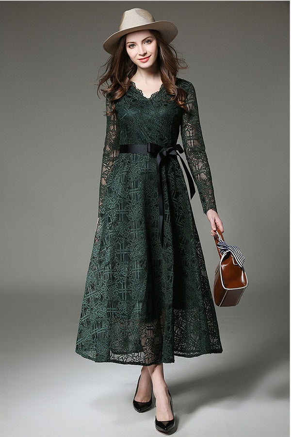 Hot Lace A-Line V-Neck Long Sleeves Long Dress