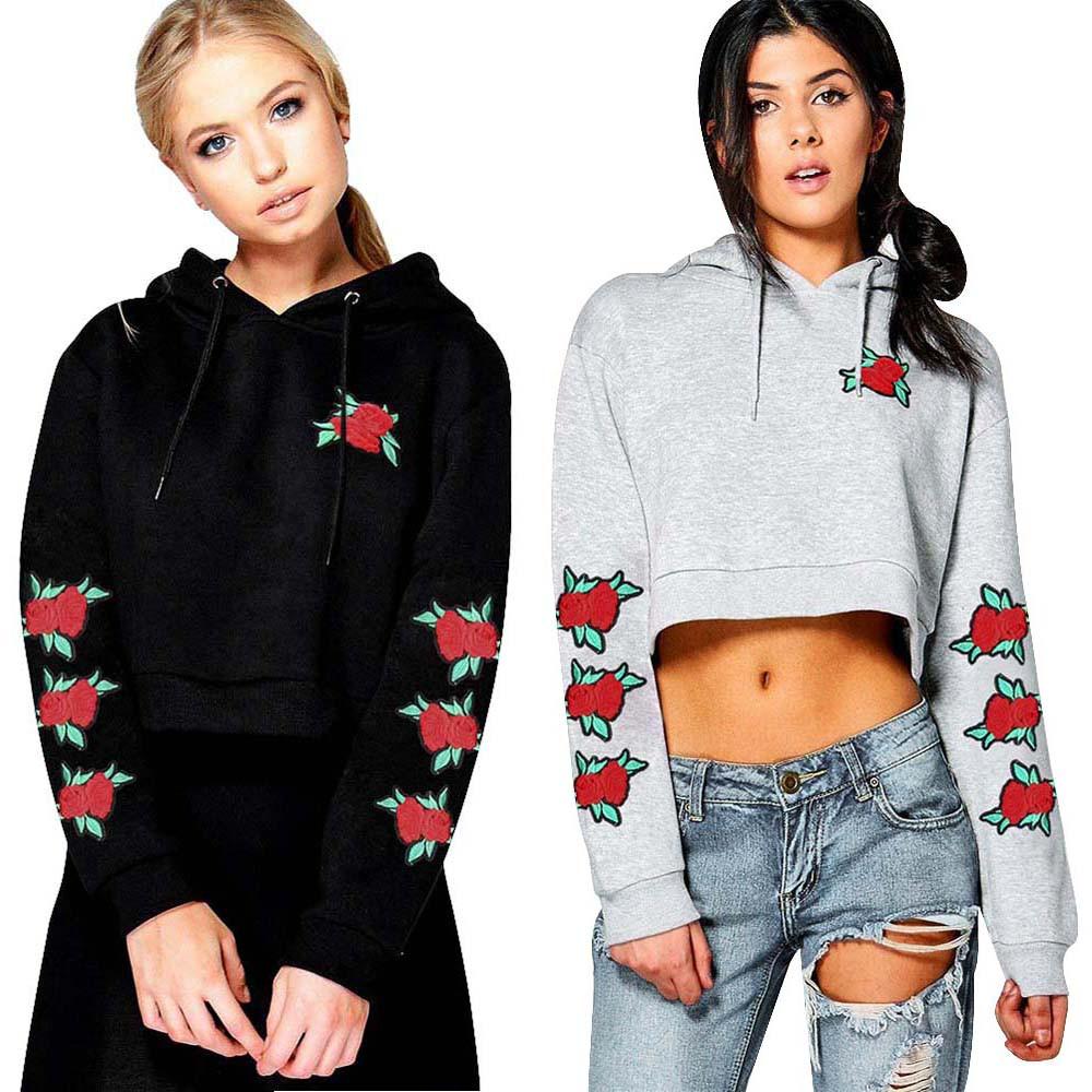 embroidered rose applique sleeve hoodie