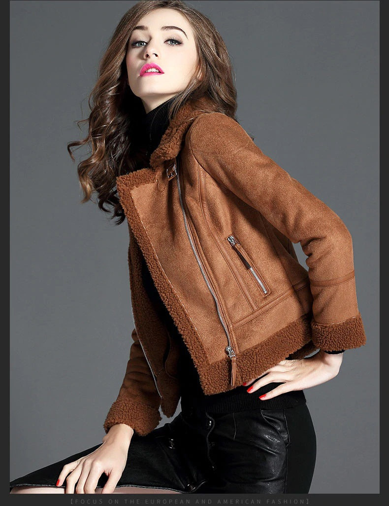 Hip Faux Sheepskin Lamb Wool Women Suede Leather Jacket