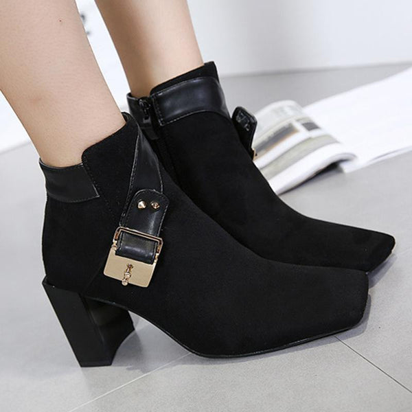 Hot Suede Leather Square Toe Chunky High Heel Ankle Boots
