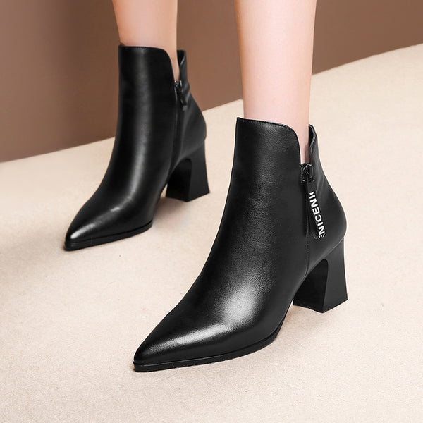 Sexy French Style Leather Pointed Toe High Heels Ankle Boots