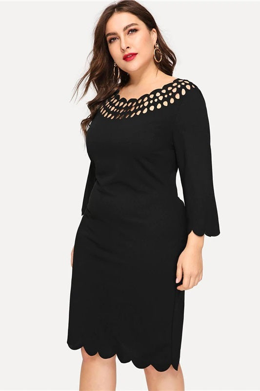 Plus Size Black Solid Laser Cut Yoke Scallop Edge Midi Dress