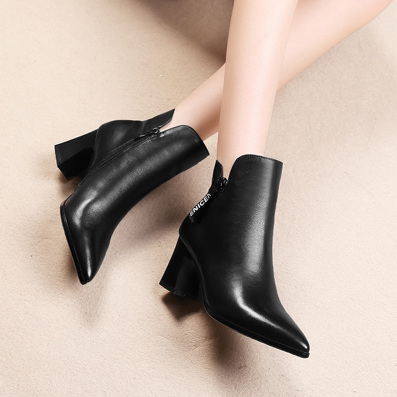 Sexy French Style Leather Pointed Toe High Heels Ankle Boots