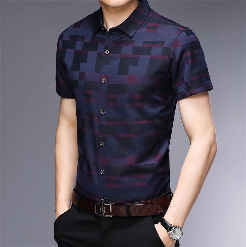 Smart Hip Casual Short Sleeve Slim Fit Plaid Men Shirt