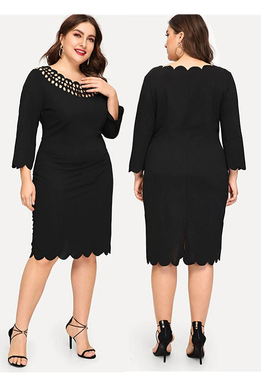 Plus Size Black Solid Laser Cut Yoke Scallop Edge Midi Dress