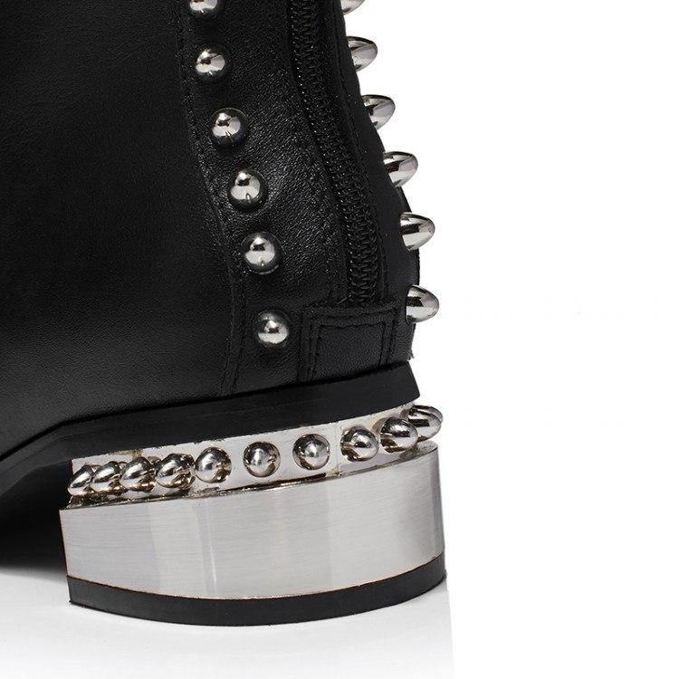 Thick Genuine Leather Rivets Round Toe Mid Calf Boots