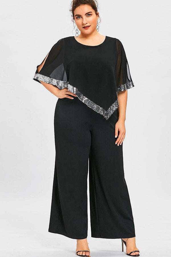 Smart Plus Size Sequined Overlay Wide Leg Jumpsuit Romper Dress