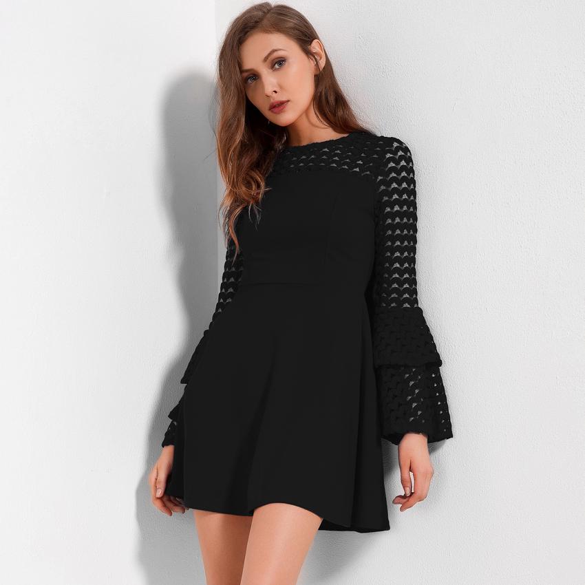 Flare Long Sleeve Patchwork Casual Mini Dress