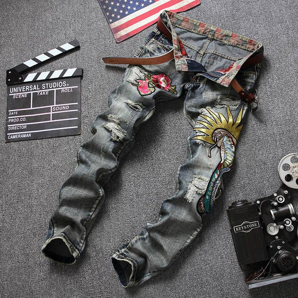 Snake Pattern Holes Patches Embroidered Jeans