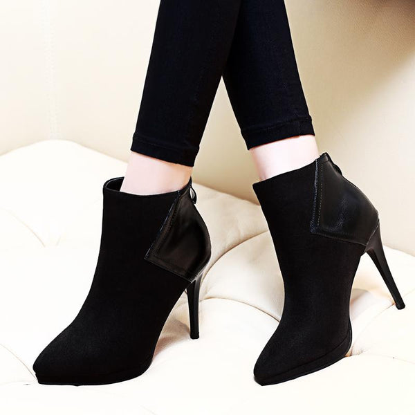 Trendy Black Flock Leather Ankle Pointed Toe Boots