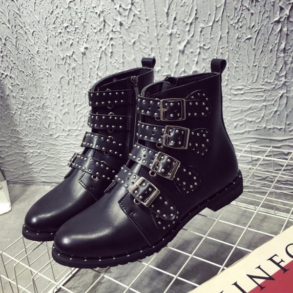 Square Heels Rivets Moto Style Ankle Boots