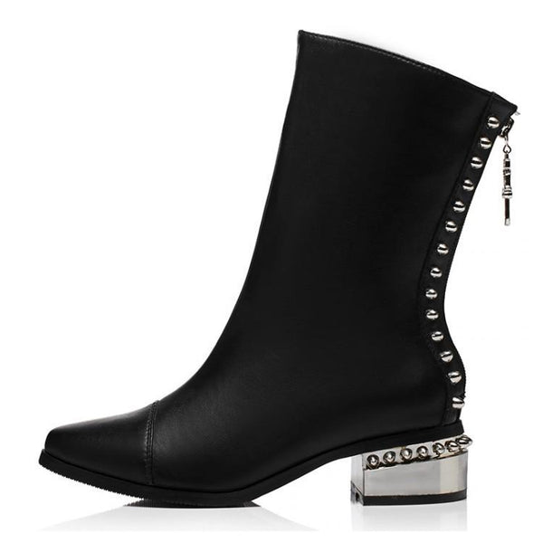 Women-Spring-Autumn-Thick-Mid-Heel-Genuine-Leather-Rivets-Back-Zipper ...