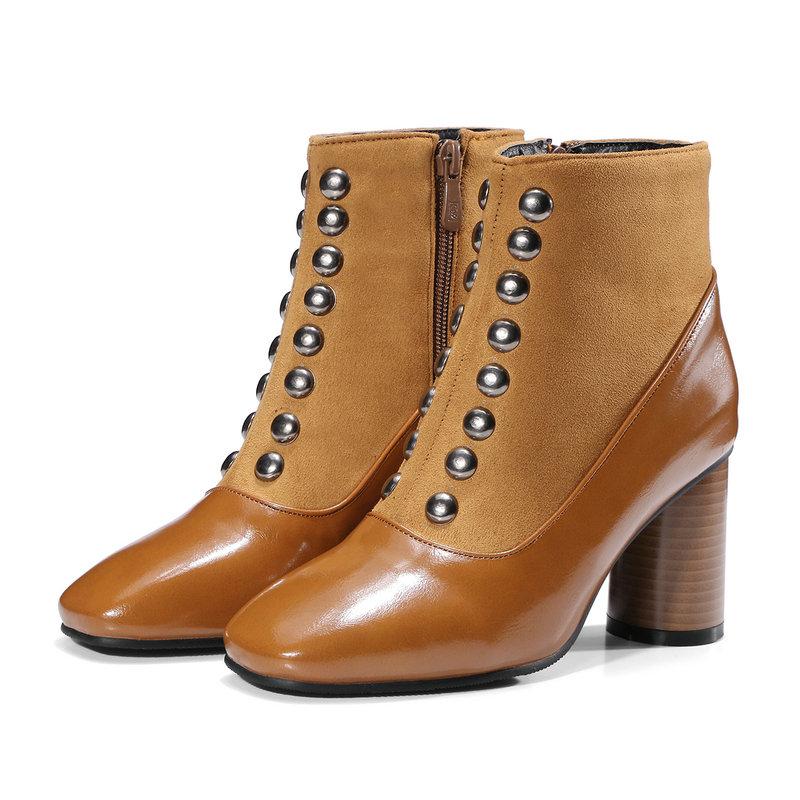Squared Toe Thick High Heels Studded Ankle Riveted Boots